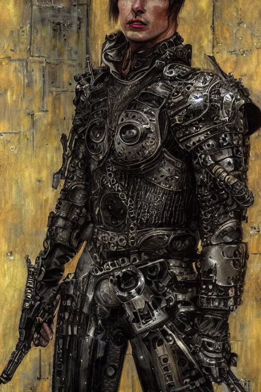 Image similar to portrait of brutal gothic Tom Cruise in armor, cyberpunk, Warhammer, highly detailed, artstation, illustration, art by Gustav Klimt