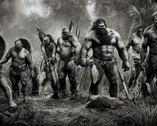 Image similar to hyper realistic group vintage photograph of a live action warcraft orc warrior tribe in the jungle, tall, hulk like physique, detailed faces, tribal paint, tribal armor, grain, old, monochrome, sepia toned, realistic lighting, wide angle