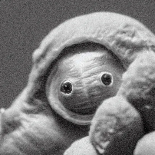 Image similar to electron microscope photograph of a Friendly Tardigrade Animal, smiling and waving at the camera