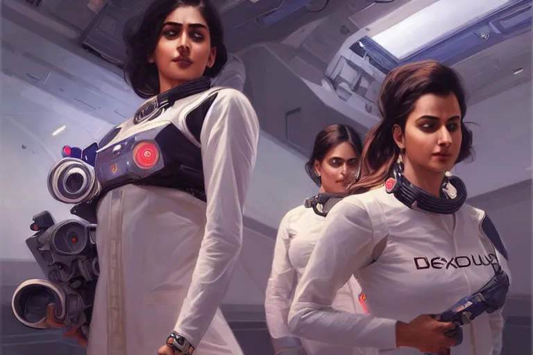 Image similar to Sensual beautiful female pale young Indian doctors wearing Deus Ex Human Revolution clothing in a space station above Earth, portrait, elegant, intricate, digital painting, artstation, concept art, smooth, sharp focus, illustration, art by artgerm and greg rutkowski and alphonse mucha