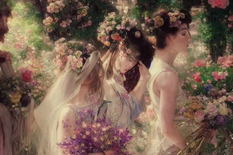 Image similar to the groom look at the bride at a wedding full of flowers, bright and happy, dreamlike art, highly detail, 4 k realistic, wedding photoy krenz cushart, artem demura, yoji shinkawa artgerm, jon lothian, danilo torres. adi meyers. thomas reimann. gaston bussiere.