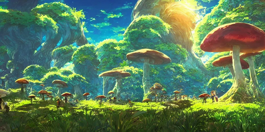 Image similar to epic mushroom trees, vivid tones, wide angle, by miyazaki, nausicaa, studio ghibli, tropical, breath of the wild