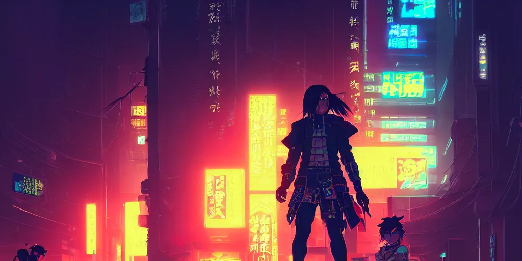 Image similar to digital illustration closeup of cyberpunk samurai in city street at night by makoto shinkai, ilya kuvshinov, lois van baarle, rossdraws, basquiat | afrofuturism, in the style of hearthstone, trending on artstation | cool color scheme