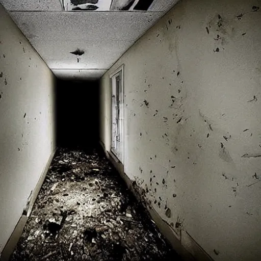 Image similar to eerie dark figure hidden in plain sight, abandoned hospital, creepy, scary