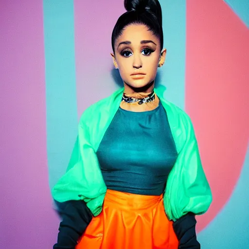 Image similar to the 2 0 2 2 award winning photo of ariana grande wearing a trash bag, cinematic, atmospheric, vivid, colorful, orange & teal, susan worsham photograph