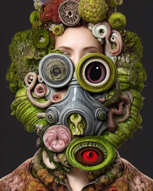 Prompt: a biomorphic portrait with with large eyes, expressive, wearing a botanical gas mask by arcimboldo, baroque painting by ayami kojima, mark ryden, cephalopod, mixed media 3 d collage, focus on head, soft light, 4 k, octane high quality render