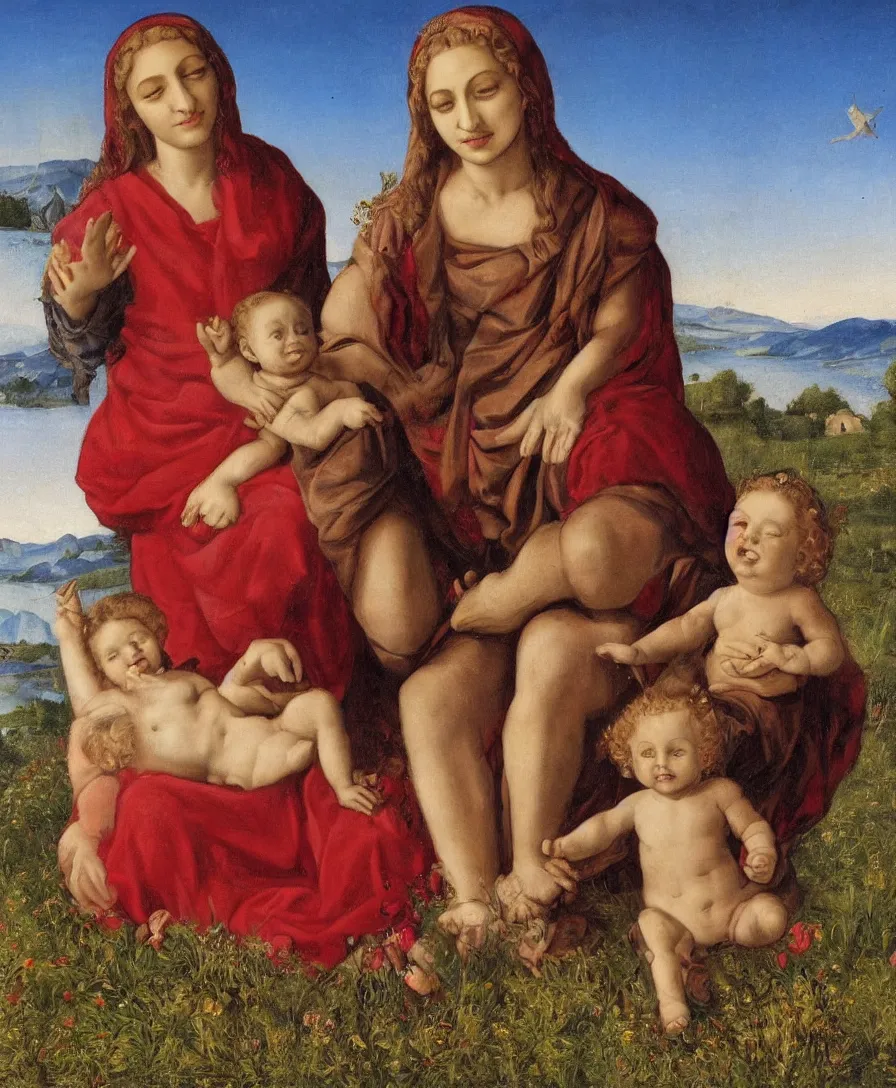 Image similar to Detailed Portrait of Madonna, with infant Jesus playin with thin long cross in the style of Raffael. Red curly hair, gloriole. They are sitting in a dried out meadow in Tuscany, red poppy in the field. On the horizon there is a blue lake with a town like florence and blue mountains alps. Golden Ratio. Flat perspective.