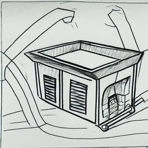 Image similar to very simple line drawing of a furnace with people around it, pen on paper simple drawing by a 7 year old