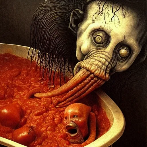 Image similar to a boy like eraserhead and elephant man sitting in a tub full of tomato sauce, looking straight into camera, screaming in desperation, by giuseppe arcimboldo and ambrosius benson, renaissance, fruit, intricate and intense oil paint, a touch of beksinski and hr giger, realistic