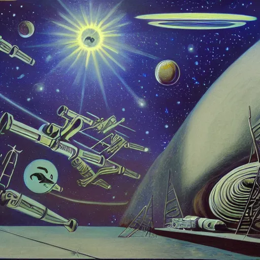 Image similar to rough texture, tempera, rockets, astronauts and space colonies, utopian, by david a. hardy, wpa, public works mural, socialist, propaganda