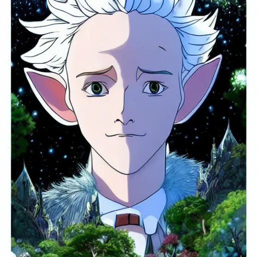 Image similar to the archfey called'the prince of frost ', white hair, blue skin, middle - age, elf, crown, in the style of studio ghibli, trending on cgsociety