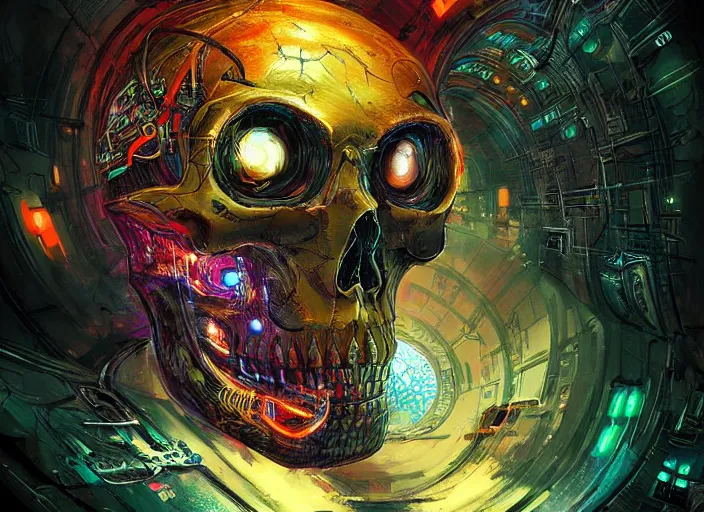 Image similar to a futuristic skull with glowing eyes and a wormhole tunnel cyberpunk art by android jones