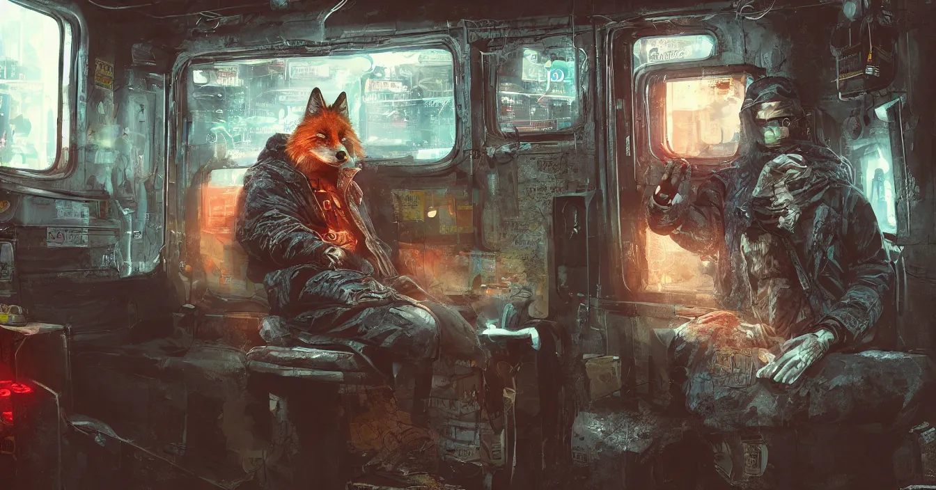 Image similar to Imagination of intelectual homeless fox with hood over head and old coat, sits on a dirty cold seat in a old cyberpunk subway car, cyberpunk 2077, amazing digital art