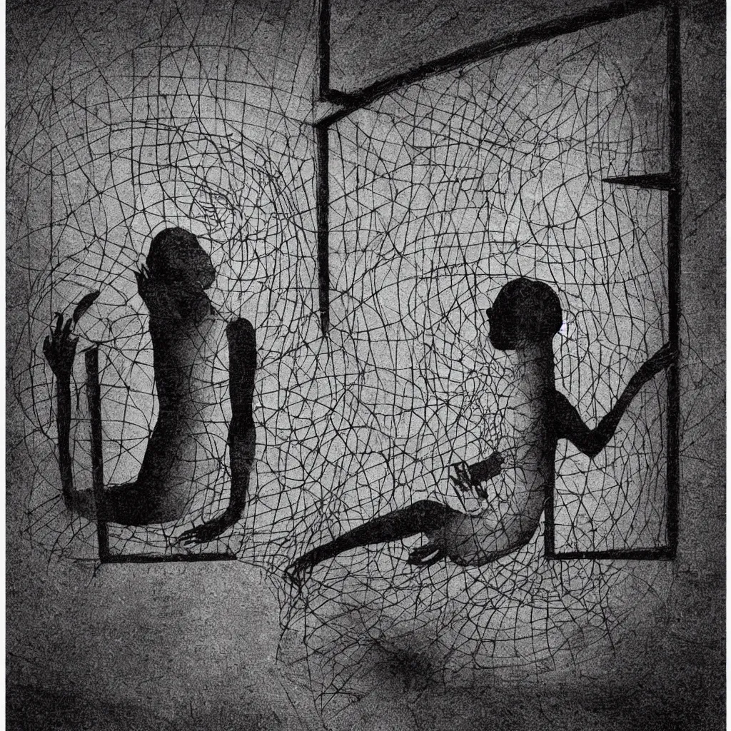 Prompt: you are your own prison. artwork, surrealist, metaphysical, metaphorical, ephemeral, atmospheric, symbolic art.