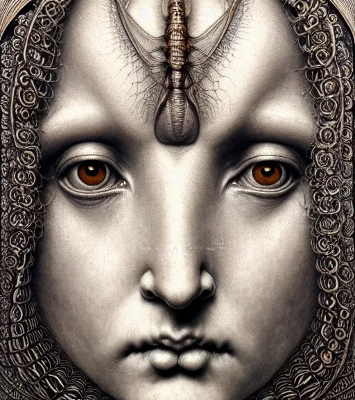 Prompt: detailed realistic beautiful cicada goddess face portrait by jean delville, gustave dore, iris van herpen and marco mazzoni, art forms of nature by ernst haeckel, art nouveau, symbolist, visionary, gothic, neo - gothic, pre - raphaelite, fractal lace, intricate alien botanicals, ai biodiversity, surreality, hyperdetailed ultrasharp octane render