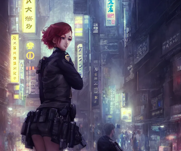 Prompt: police officer in tokyo by charlie bowater and titian and artgerm, intricate, face, symmetrical eyes, japanese akihabara street cityscape, elegant, beautiful, highly detailed, dramatic lighting, sharp focus, trending on artstation, artstationhd, artstationhq, unreal engine, 4 k, 8 k