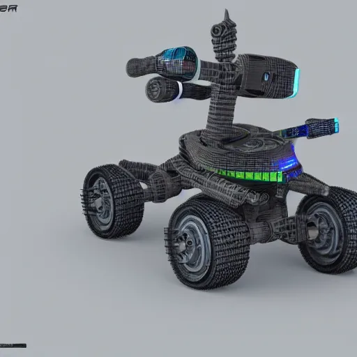 Prompt: small cyberpunk robot rover, 3 d render, post - processing, award winning, detaailed, 8 k