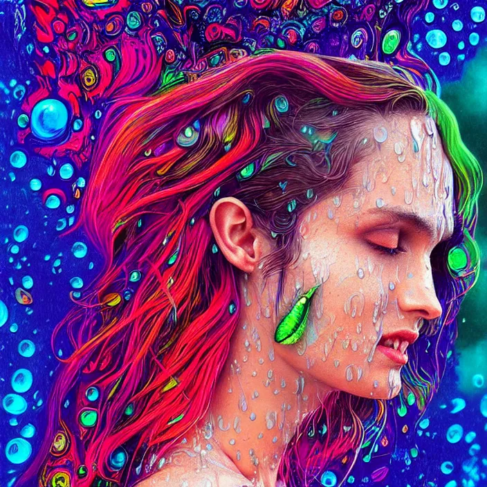 Image similar to bright psychedelic portrait with rain on face and wet hair, wings, smiling, diffuse lighting, fantasy, intricate, elegant, highly detailed, lifelike, photorealistic, digital painting, artstation, illustration, concept art, smooth, sharp focus, art by John Collier and Albert Aublet and Krenz Cushart and Artem Demura and Alphonse Mucha