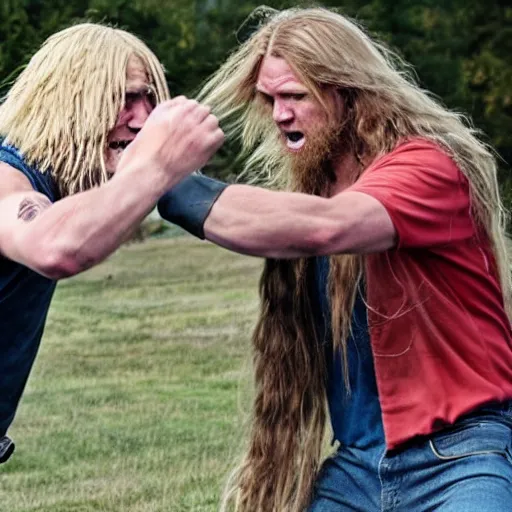 Image similar to a long - haired blonde hillbilly fighting against a cardboard boxman