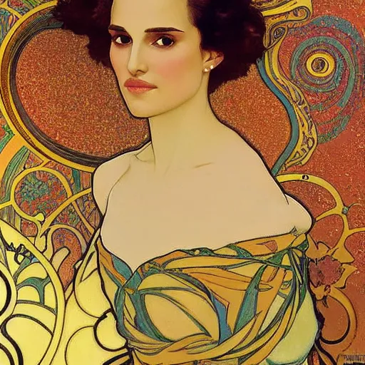 Image similar to a closeup portrait of a young natalie portman, hair in arabesque forms, art nouveau, jugendstil, decorative background, painted by alphonse mucha and klimt