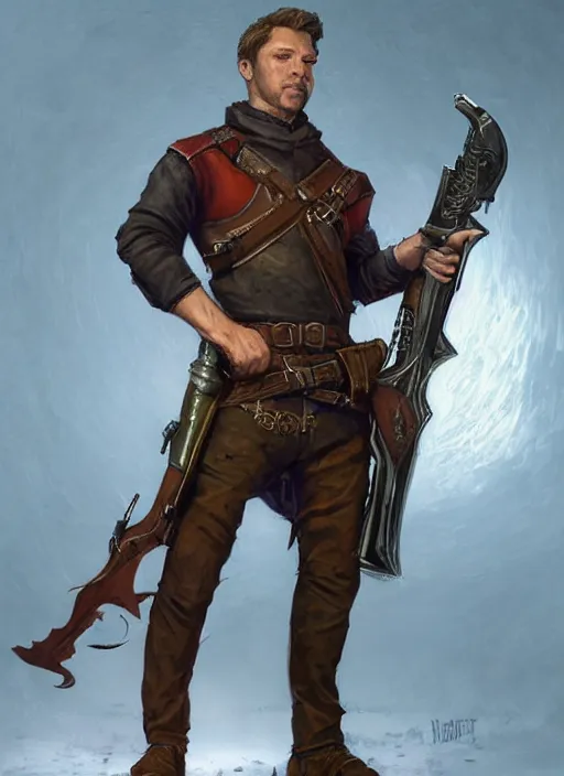 Image similar to short hair stubble male gunslinger shooter, dndbeyond, bright, realistic, dnd character portrait, full body, art by ralph horsley, dnd, rpg, lotr game design fanart by concept art, behance hd, artstation, deviantart, global illumination radiating a glowing aura global illumination ray tracing hdr render in unreal engine 5