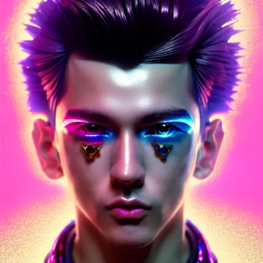 Image similar to hyperdetailed portrait of a stunningly beautiful cyberpunk cutie european boy with short dark hair guard made of iridescent metals and shiny pink gems, bright rainbow nimbus, gold necklace, gold background inspired by ross tran and masamune shirow and kuvshinov, intricate, photorealistic, octane render, rtx, hdr, unreal engine, dnd digital art by artgerm