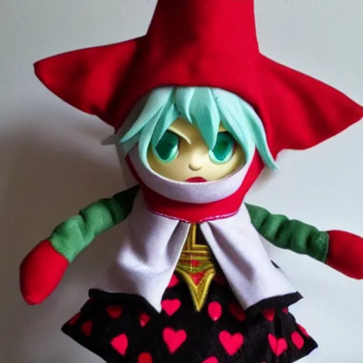 Image similar to cute fumo plush of the court jester who knows far more intrigue than she lets on, anime girl