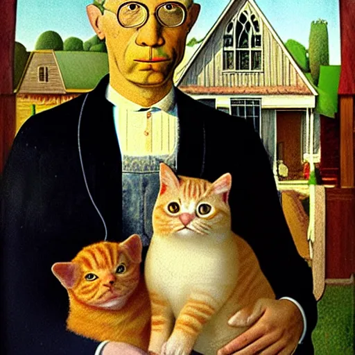 Image similar to fat orange tabby cat, man with afro in american gothic by grant wood