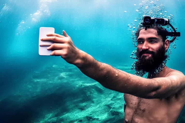 Prompt: high quality 4 k resolution go pro photo of storm god poseidon taking a selfie of himself underwater look king confused holding his trident