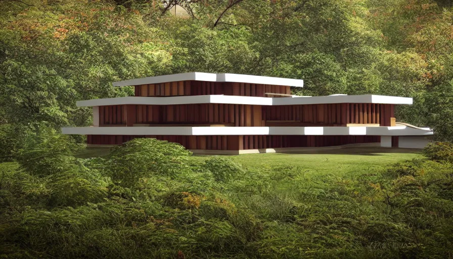 Image similar to modern temple house inspired by tibetan architecture, on a green hill between trees, frank lloyd wright, realistic render, birdseye view