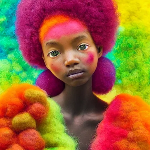 Image similar to a black girl with a colorful afro and rainbow eyes, in a candy forest! at night, bokeh, bright colours, watercolor, volumetric wool felting, macro photography, children illustration, by goro fujita