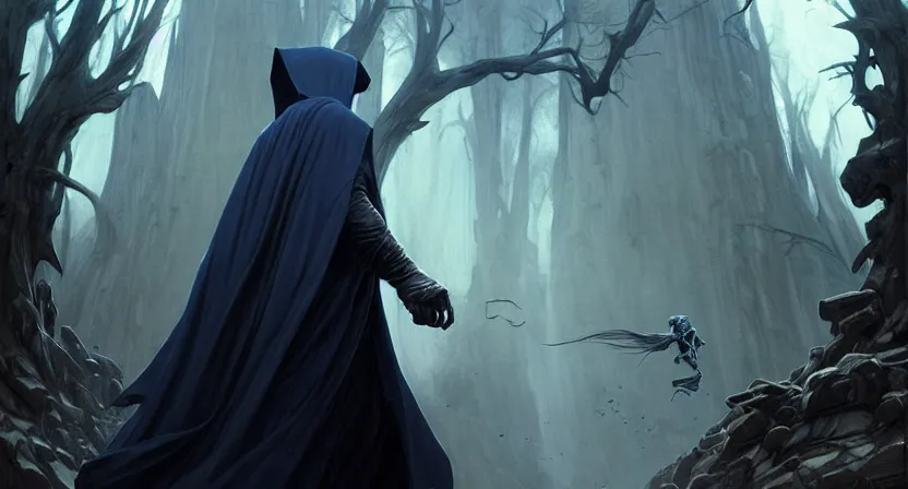 Image similar to handsome mage running away from a giant skull, black hair wearing hooded gothic blue cloak, bone mountain, movie action still frame, ultra wide horizon, intricate, elegant, highly detailed, hyperrealism, digital painting, concept art, smooth, sharp, focus, illustration, art by artgerm, greg rutkowski, ilya kuvshinov, alphonse mucha