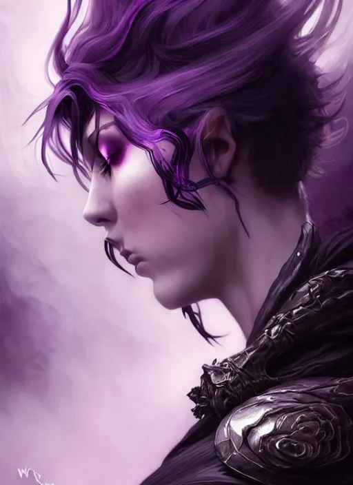 Image similar to side portrait dark witch, adventurer outfit large cloak, fantasy forest landscape, dragon scales, fantasy magic, undercut hairstyle, short purple black fade hair, dark light night, intricate, elegant, sharp focus, illustration, highly detailed, digital painting, concept art, matte, art by WLOP and Artgerm and Greg Rutkowski and Alphonse Mucha, masterpiece