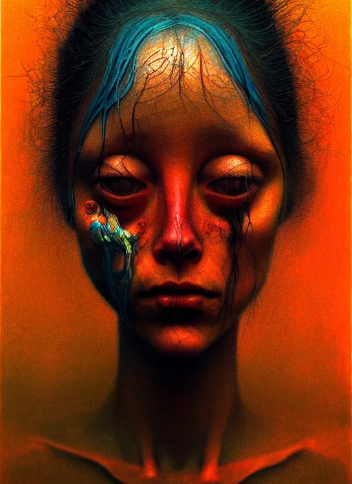 Prompt: there is ugliness in beauty, but there is also beauty in ugliness detailed portrait painting inspired by beksinski and alex gray, anamorphic lens, anamorphic lens flares, kodakchrome, cinematic composition, practical effects, painterly ghibli style, by jenny saville. 8 k