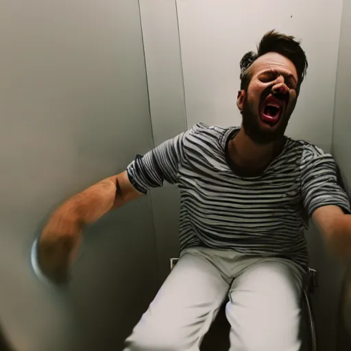 Prompt: Man screaming from ache sitting on toilet, wide angle photo, portrait, shot on gopro, action shot, real photo