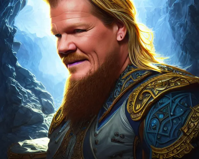 Image similar to chris jericho y 2 j wwf wwe wrestler lionheart, deep focus, d & d, fantasy, intricate, elegant, highly detailed, digital painting, artstation, concept art, matte, sharp focus, illustration, hearthstone, art by artgerm and greg rutkowski and alphonse mucha