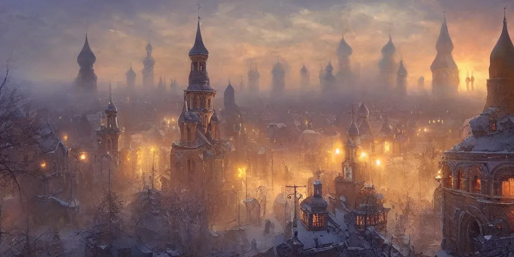 Prompt: Beautiful magical Old Rus city of Kitezh in mist, magic lights, strange buildings, oil painting, concept art, fantasy cityscape, ancient Russian architecture, art by Ted Nasmith and James Gurney, hyperborea, high resolution, trending on artstation