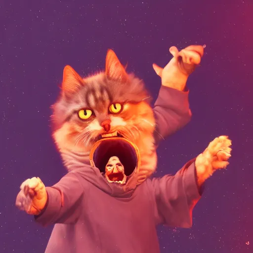 Image similar to wizard is laughing as a small cat, dynamic pose, chromatic aberration , medium level shot, comedy, fantasy, illustration, concept art,