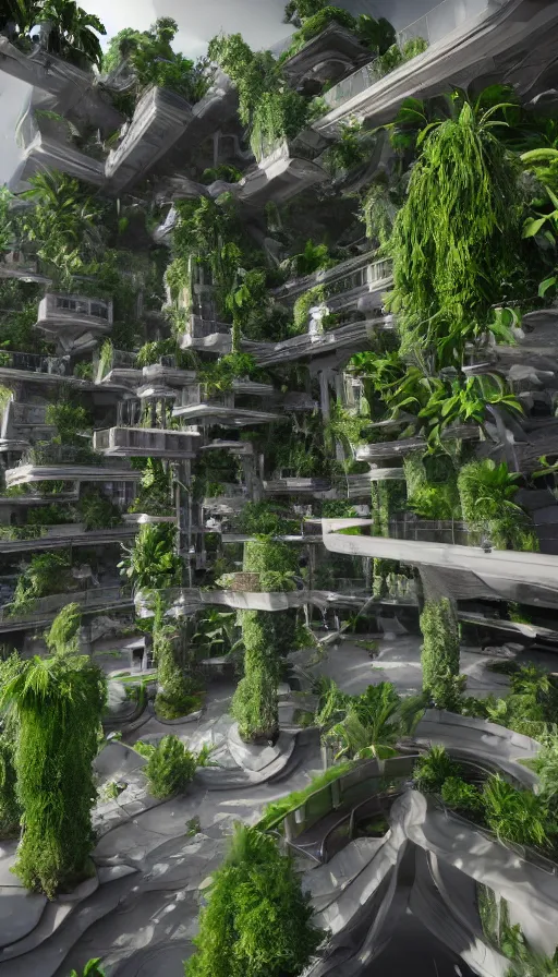 Image similar to a futuristic Hanging Gardens of Babylon, sweat drops, insane, highly detailed, smooth, sharp focus, Unreal Engine 5, 8K