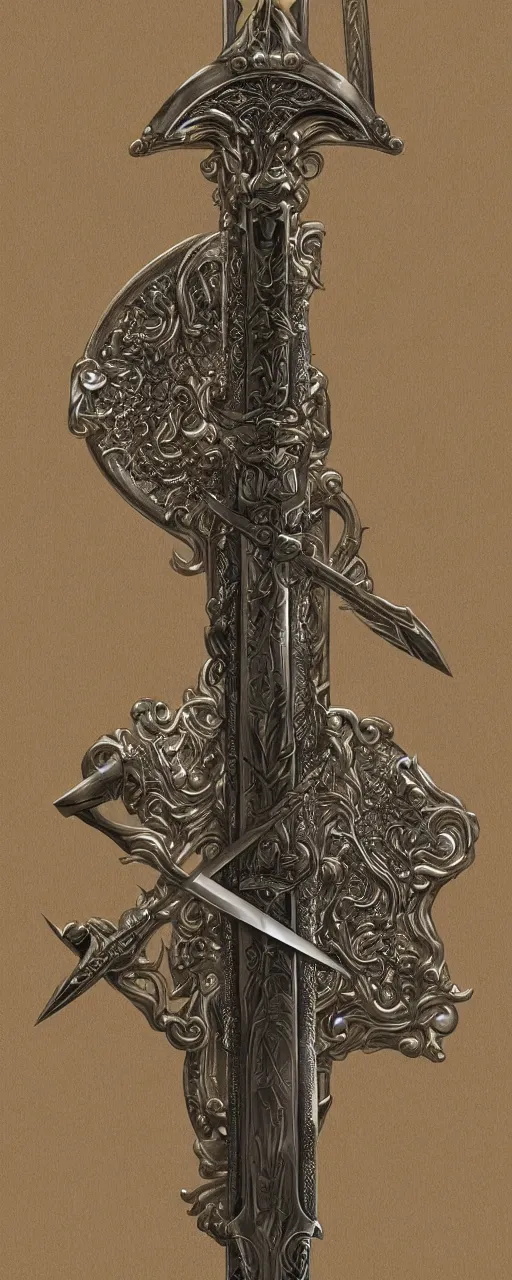 Image similar to sword of justice hanging on a wall, ornate gem in pommel, engraved blade, serrated point, herringbone floor, low angle, museum display, greg rukowski, boris vallejo