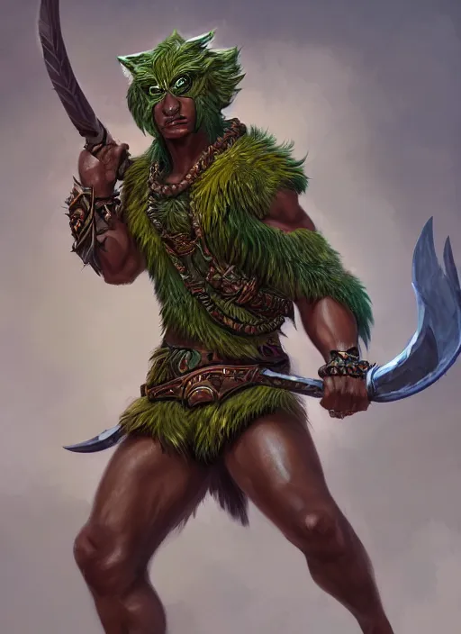 Image similar to a highly detailed illustration of fierce attractive young tanned tribal boy wearing green wolf mane, heroic wielding club pose, muscular, intricate, elegant, highly detailed, centered, digital painting, artstation, concept art, smooth, sharp focus, league of legends concept art, wlop