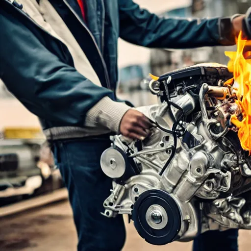 Prompt: a man with engines on his back, diesel engine, gasoline engine, combustion engine