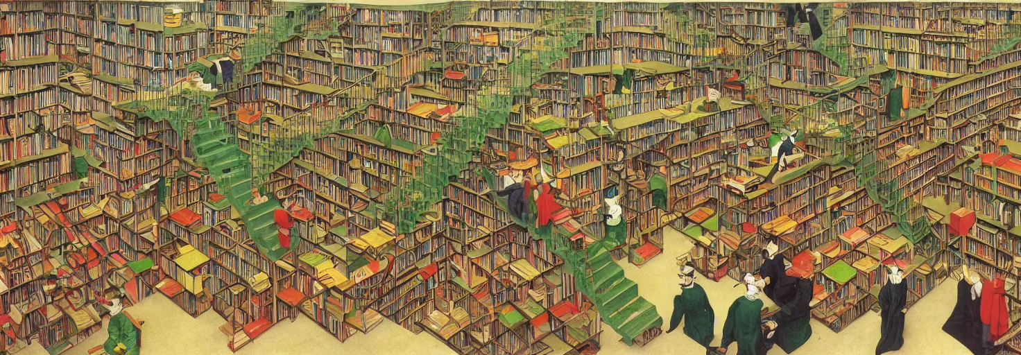 Image similar to a book store, customers are rabbit, by m. c. escher, yellow, green, red, snowy, ultra sharp, ultra detailed, happy, uplifting, colorized by salvador dali