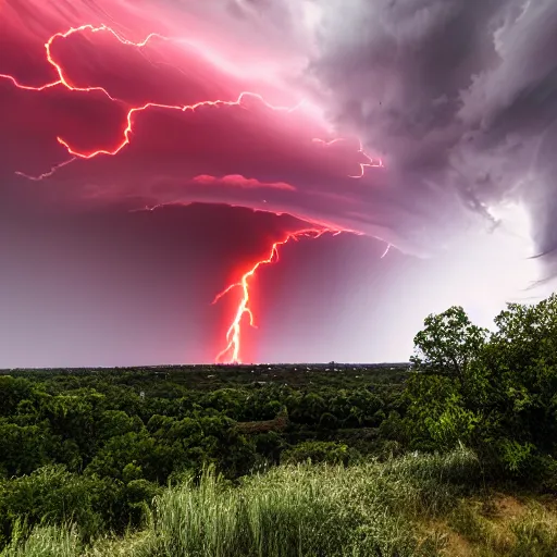 Prompt: a beautiful thunderstorm rolling over a small town, with the clouds illuminated slightly red, ominous, eerie, wayne barlow