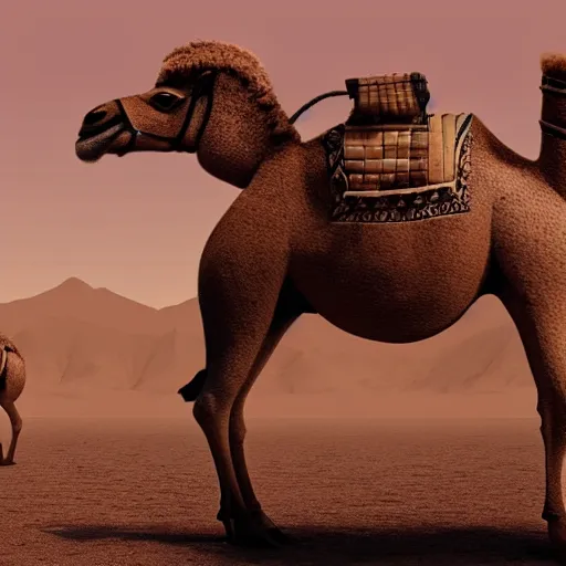 Image similar to a giant camel with an entire city on its back, photorealistic, highly detailed, desert