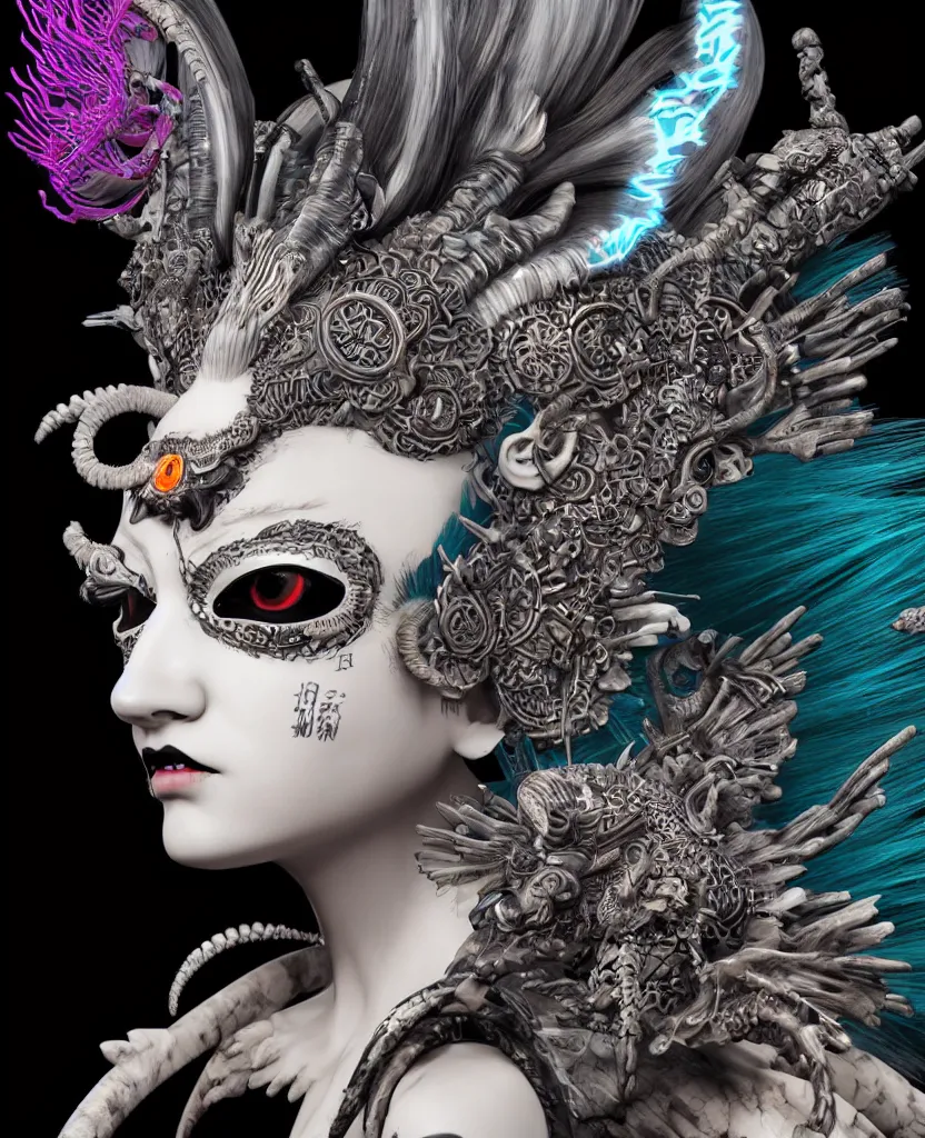 Image similar to 3 d goddess close - up profile portrait punk with mohawk with ram skull. beautiful intricately detailed japanese crow kitsune mask and clasical japanese kimono. betta fish, jellyfish phoenix, bio luminescent, plasma, ice, water, wind, creature, artwork by tooth wu and wlop and beeple and greg rutkowski