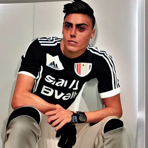 Prompt: a realistic detailed photo of a guy who is an attractive humanoid who is half robot and half humanoid, who is a male android, soccer player paulo dybala, shiny skin, posing like a statue, blank stare, in a living room, on display, showing off his muscles