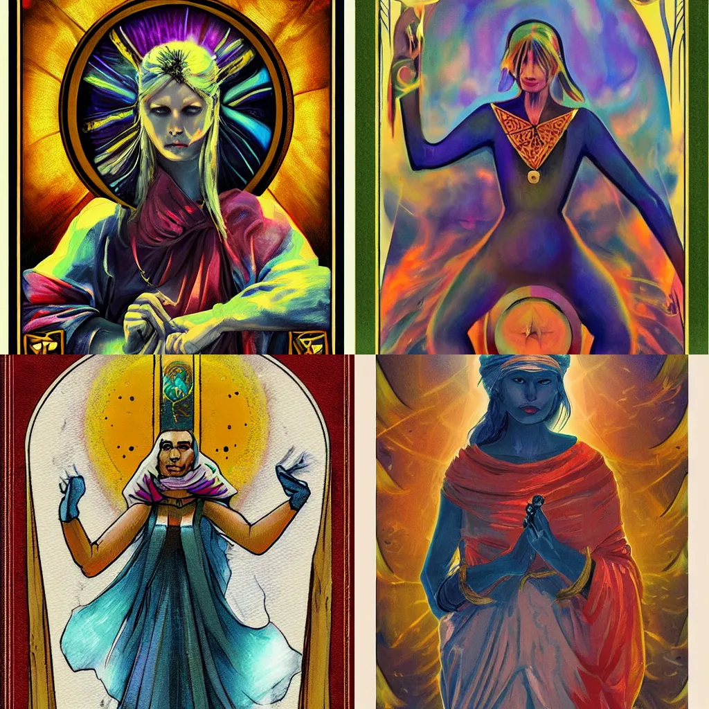 Prompt: tarot card, painterly, trending on artstation