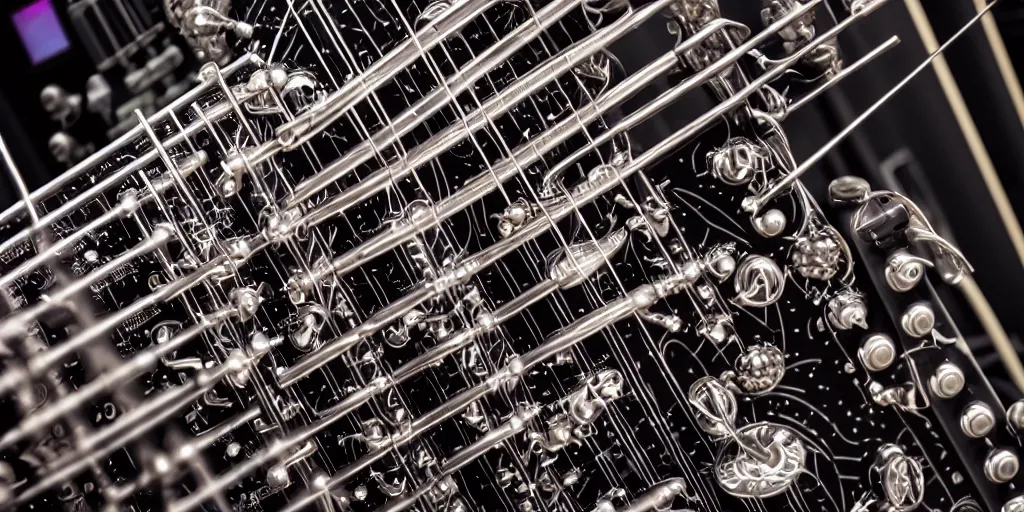 Prompt: photo of interdimensional futuristic musical instruments, high detail, close-up, intricate, complicated, 35mm, f/2