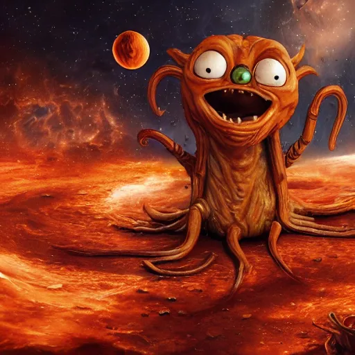 Image similar to eldritch horror bloody garfield in space, hd, 8 k, giant, epic, realistic photo, unreal engine, stars, prophecy, powerful, cinematic lighting, destroyed planet, debris, violent, sinister, ray tracing, dynamic, epic composition, dark, horrific, teeth, grotesque, monochrome drawing, hellscape